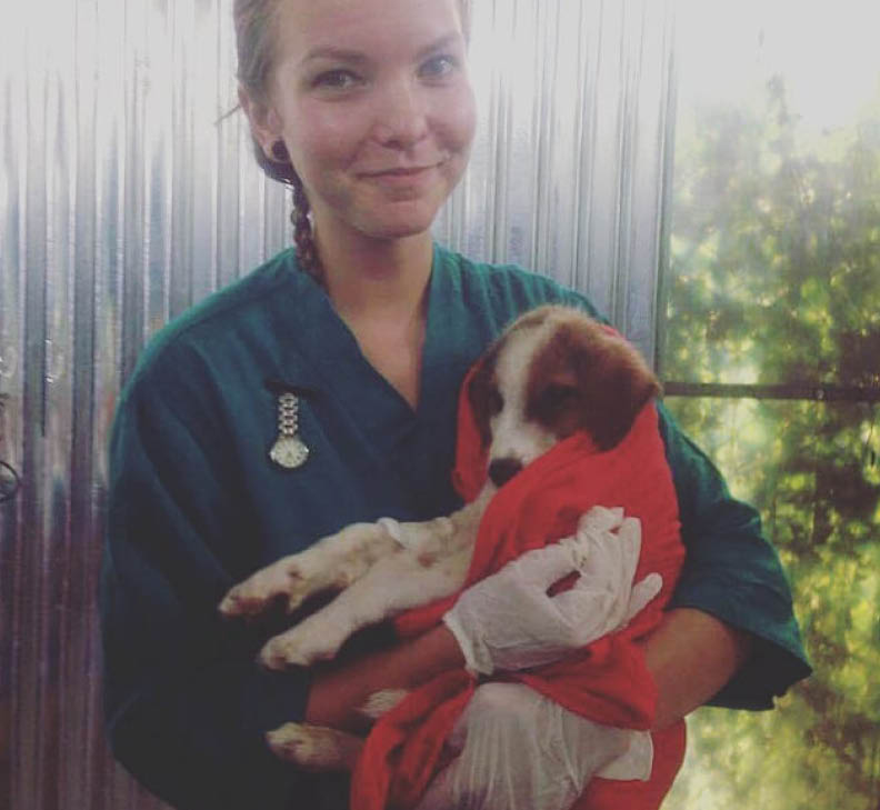 Female VN holding recovering dog in a blanket