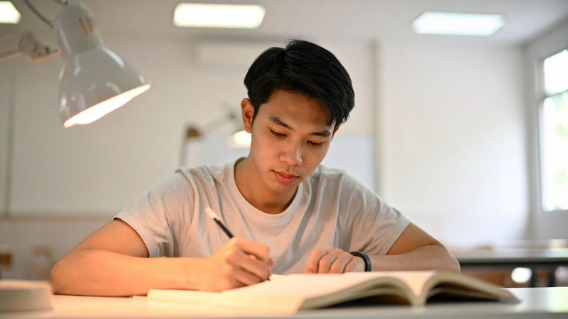 Young man sat at a desk writing in a note pad.