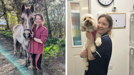 Hollie Davy, veterinary care assistant. There are two photos, one of Hollie holding a dog, the other of Hollie with a horse