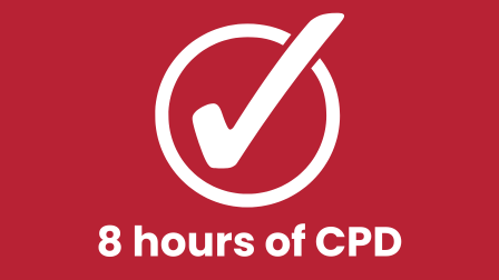 Red box with white tick indicating 8 hours of CPD