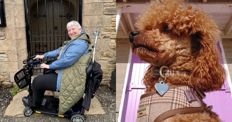 Joanne in her mobility scooter and her toy poodle puppy