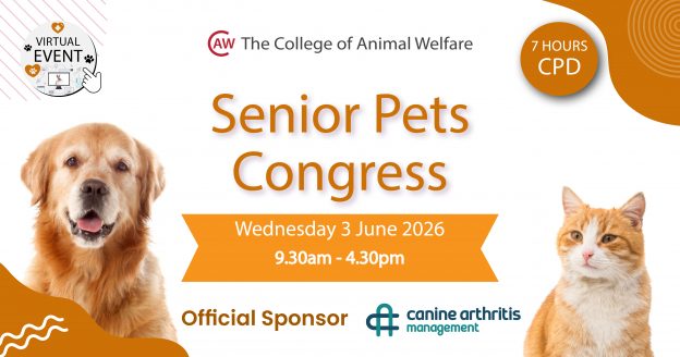 A banner image with a ginger cat and a golden retriever either side of the event date and time