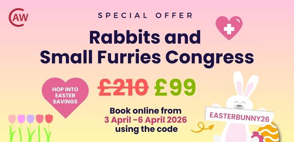 A white cartoon bunny displays a discount code for a congress event
