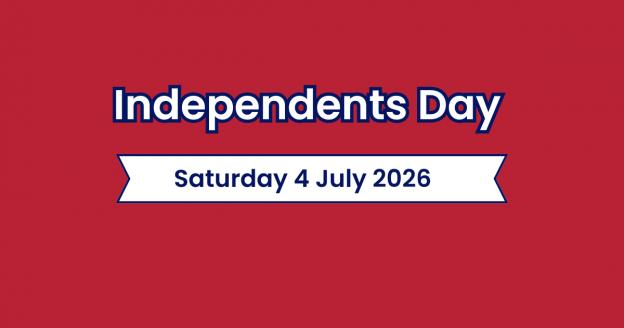 Text reads "independents day. Saturday 4 July 2026"