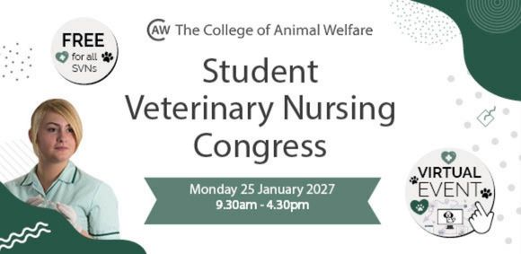 Graphic shows a student veterinary nurse in green and white uniform beside text giving the event time details.